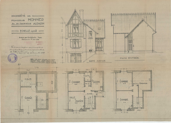 permis de construire n°19, Construction d'une maison d'habitation Avenue Courteille Alençon, (date de décision : 1939), (auteur du projet, architecte : MERCIER Robert).