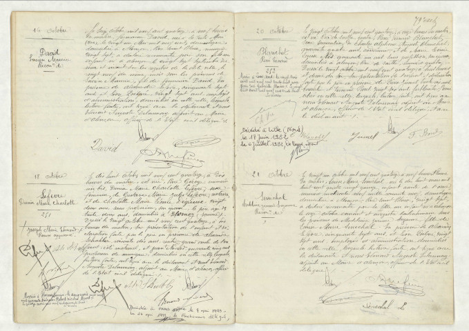 Reconnaissance de DAVID Lucien Maurice (16 octobre 1914),acte de naissance de LEFEVRE Denise Marie Charlotte (18 octobre 1914),acte de naissance de BLANCHET René Fernand (20 octobre 1914),reconnaissance de SENECHAL Madeleine Jeanne Suzanne (21 octobre 1914).