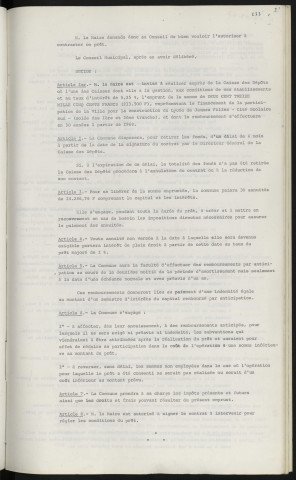 Finances, emprunt de 213 500 F auprès de la caisse des dépôts et consignations, participation de la ville pour construction du lycée de jeunes filles cité scolaire Sud, solde des 1ères et 2èmes tranches.