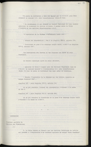 Assainissement, poste de relèvement de Perseigne, contrat E.D.F. pour alimentation M.T. Assurances, tracteur agricole de marque "Moto standard" du service des plantations.