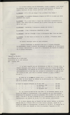 Piscine, fissuration des bassins de natation, recours en responsabilité décennale, désignation d'un avocat. Emprunt de 7000 000 F. Participation de la ville pour construction de la cité scolaire Sud, tranche 1966.