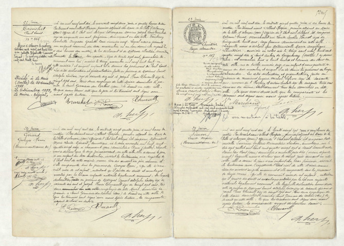 Acte de naissance de TRONCHET Paul Louis (22 juin 1910),reconnaissance de GERARD Georges Henri (24 juin 1910),acte de naissance de LHUISSIER Roger Alexandre (23 juin 1910),reconnaissance de SIMON Louise Marie (27 juin 1910).