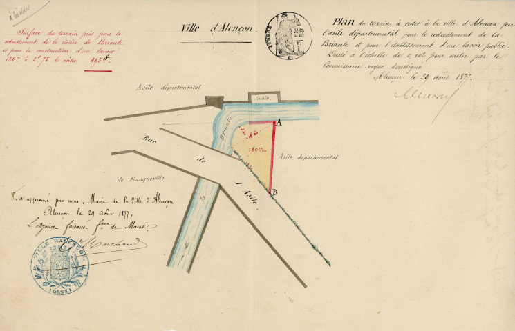 Lavoir de l'Asile, cession d'un terrain appartenant à l'asile d'aliénés départemental à la Ville d'Alençon pour son établissement (1877-1878) : acte de cession, plans, devis estimatif, notes, pétition des habitants des Rues de Candie, des Promenades, de Bretagne, Jullien et de l'Asile.