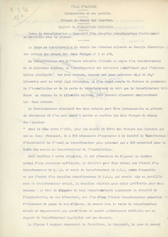 Adduction complémentaire d'eau potable pour la ville d'Alençon, ajout d'un second poste de transformation pour la station de pompage et le poste de transformation, chemin des Planches (juillet - août 1937) : rapport, délibération, correspondance.