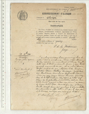 Acte de naissance de BOUILLAUD Jules Alphonse (11 novembre 1912),reconnaissance de LIPPMANN Christiane Marie (16 novembre 1912),acte de naissance de BINZ Simonne Louise (15 novembre 1912),acte de naissance de FEIGEAN Jean Marie Jules René Elie (19 novembre 1912).
