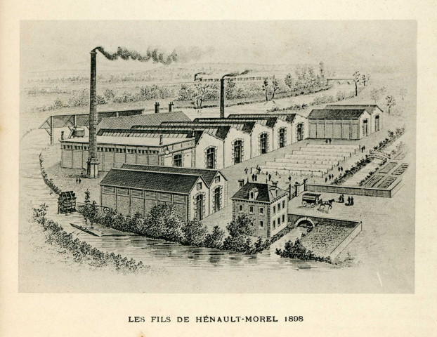 Teinturerie Hénault-Morel (1862), les fils de Hénault-Morel (1898), tirages gravures, noir et blanc .