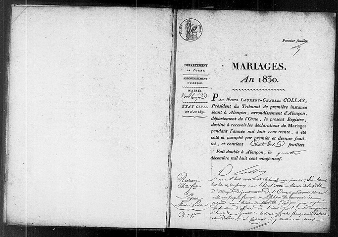 Registre des actes de mariage (1830).