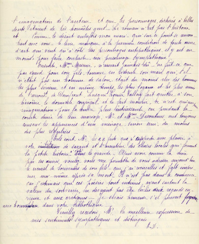 Réponse officielle de Mme Descoutures, épouse de Reynold Descoutures (greffier de commerce à Alençon, fils de Louise Vallory ) à M. de Brébisson au sujet de l'oeuvre Mme Hilaire écrite par Louise Vallory