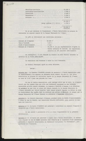 Finances, garantie d'emprunt de 60 000 F auprès de la banque régionale de l'Ouest pour l'école dentellière, aménagement de nouveau locaux.