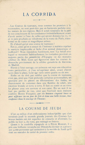Courses de taureaux (19 juin 1898) aux arènes alençonnaises (Vélodrome de l'Orne) : programme.