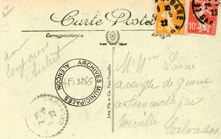 Alençon (Orne), la Grande Rue, carte postale ancienne noir et blanc n°87, édition Léon et Lévy (Paris), marque LL., (Date d'utilisation : 28 mai 1922), (14x9), AMA, 2 exemplaires.