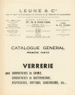 Catalogues de la verrerie, de la verrerie graduée et soufflée, de laporcelaine, faïence, terre et grès pour laboratoires de chimie, laboratoires de bactériologie, dispensaires, hôpiraux, matériel spécial pour laboratoire de syphilimétrie, fiches techniques sur la sériodiagnostic de la syphilis, des centrifugeurs, des nécessaires pour prélèvements, l'alambic des établissements Leune (1938).