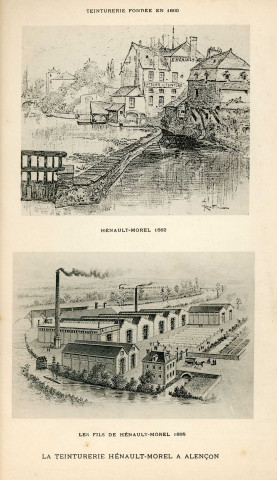 Teinturerie Hénault-Morel (1862), les fils de Hénault-Morel (1898), tirages gravures, noir et blanc .