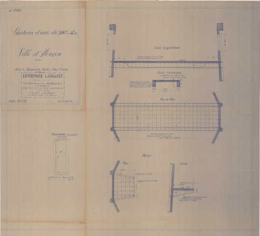 Construction d'un château d'eau de 300m3, détails, passerelle, paliers, meurtrières : vue en plan, coupe longitudinale, coupes, plans(Larbanet, éch : 1/200, plan n°22, 29 juillet 1936).