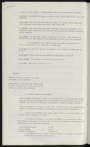 Transports S.T.A.O., réseau urbain, implantation d'abris Puits des Forges, église Saint Léonard, place Desmeulles, quartier de Perseigne, rue Guillaume le Conquérant, rue de Vicques, route de Paris, place du Point du Jour, contrat avec la maison Decaux. Finances, emprunt de 213 500 F auprès de la caisse des dépôts et consignations, participation de la ville pour construction du lycée de jeunes filles cité scolaire Sud, solde des 1ères et 2èmes tranches.