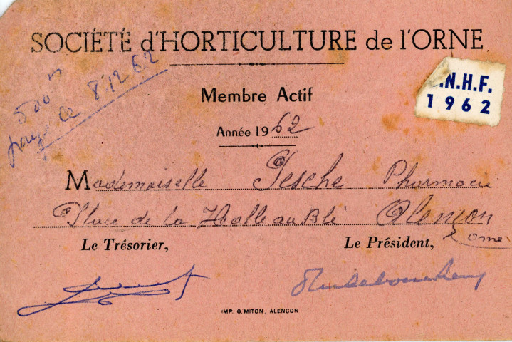 Carte de membre actif à la société d'horticulture de l'Orne (SHO) (1962-1964).