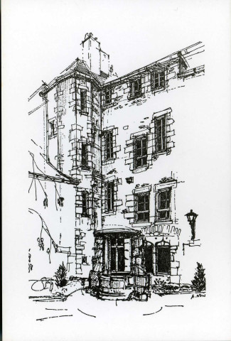 Alençon, Immeuble du XVe siècle (façade cour, 123 Grande Rue, carte gravure noir et blanc, dessiné par A. Nois, (sd), (9x14), collection particulière Maryvonne Thoréton, AMA.