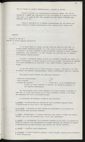 Finances, emprunt de 175,910F pour compléter le financement du Gymnase du C.E.T. Finances, emprunt de 150,000F destiné au cercle hippique Alençonnais, société ONIUM technique Parisien.