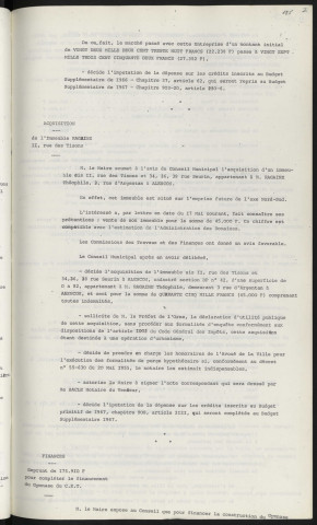 Lycée Alain, construction d'un gymnase, avenant n°1, lot n°7, compagnie Normande de travaux électriques. Acquisition, de l'immeuble sis 2 rue des tissons et 34, 36, 38 rue Seurin à Mr RAGAINE Théophile 3 rue d'Argentan à Alençon.