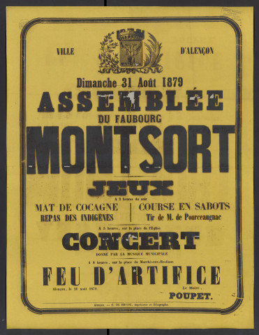 Assemblée du Faubourg de Montsort (dimanche 31 août 1879) : affiche Imprimerie E. de Broise (84cm x 61.5cm).