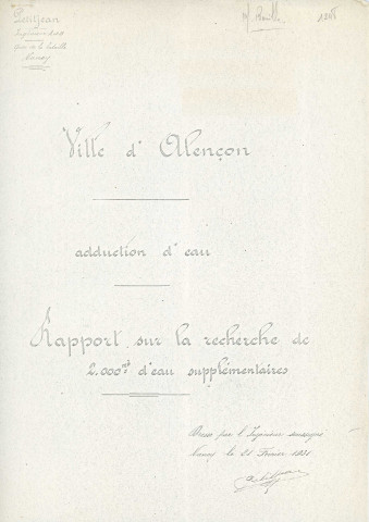 Renforcement de la distribution d'eau de la ville d' Alençon, recherche de nouvelles sources, sources de Cuissai et de Colombier : rapport de M. Petitjean (21 février 1931) (copie).