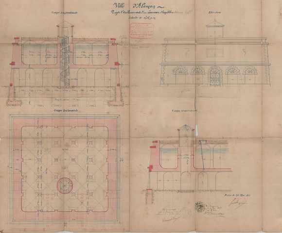 Alençon, projet d'établissement d'un réservoir d'équilibre de 600 mètres cubes boulevard de Strasbourg, coupe longitudinale, coupe horizontale, coupe transversale, élévation (Charles Gibault, éch.1/200) (73.5cm x 58cm) (26 mai 1893),
