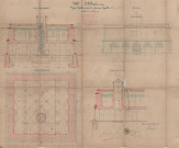 Alençon, projet d'établissement d'un réservoir d'équilibre de 600 mètres cubes boulevard de Strasbourg, coupe longitudinale, coupe horizontale, coupe transversale, élévation (Charles Gibault, éch.1/200) (73.5cm x 58cm) (26 mai 1893),