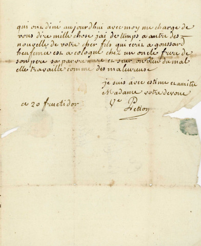 Lettre autographe signée de la veuve Jérôme Pétion à Mme Valazé (20 fructidor an).
