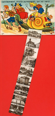 Alençon (Orne), "Lentement mais sûrement ! On va vers Alençon, carte postale humoristique à système couleur n°27, Artaud père et fils, éditeur, Nantes, éditions Gaby, sd, (14x9), AMA.