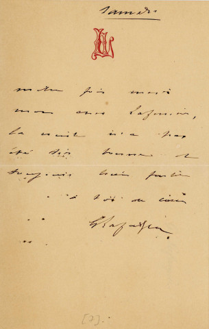 Lettre autographe signée de l'écrivain Gustave Lafargue à l'acteur Adolphe Delaferrière (sd).