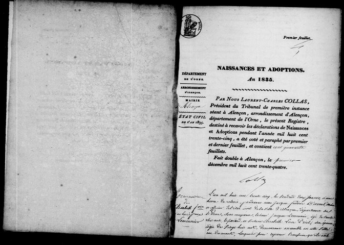 Registre des actes de naissance et adoption (1835).