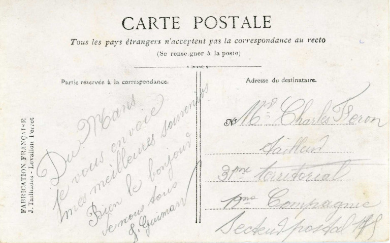 Carte postale envoyée à Charles Féron tailleur 31e territorial 12e compagnie secteur postal 175 (collection particulière Chrystel Nail Lemaitre, 2018, AMA).