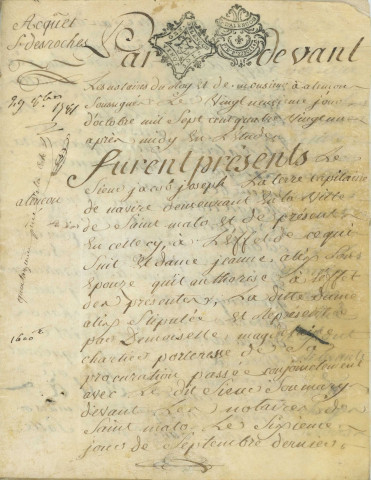 Contrat de vente entre le Sieur Jacob joseph Laterre, dame Jeanne Alix (fille de Nicolas Allix) son épouse et Jean Desroches Duparc, d'une partie de la maison sise 45-47 rue Cazault (29 octobre 1781).
