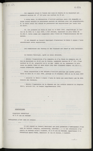 Acquisitions, immeuble AUBRY 19 rue du Boulevard, 36 et 38 rue Saint Pierre, agrandissement de l'école de fille de Monsort. Acquisitions, propriété BOUDEVILLE 49 à 67 rue de Guéramé, aménagement d'une zone de loisirs.