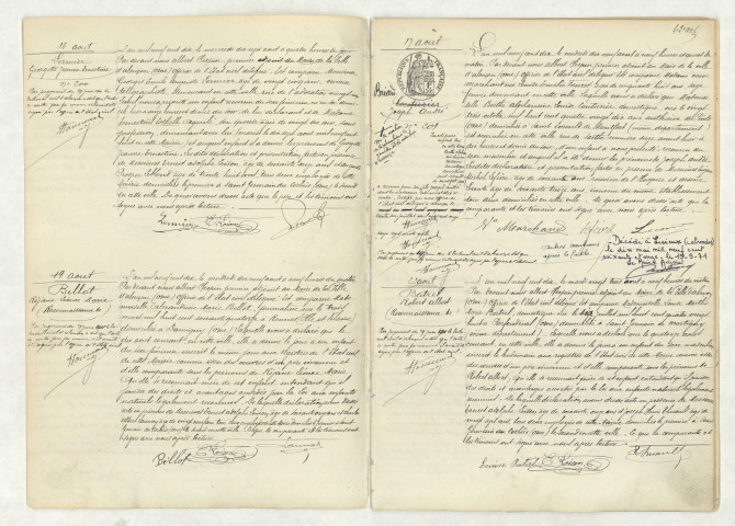 Acte de naissance de LERMIER Georgette Jeanne Ernestine (16 août 1910),reconnaissance de BELLOT Réjane Léonce Marie (19 août 1910),acte de naissance de BRIARD Joseph André (17 août 1910),reconnaissance de BATREL Robert Albert (23 août 1910).
