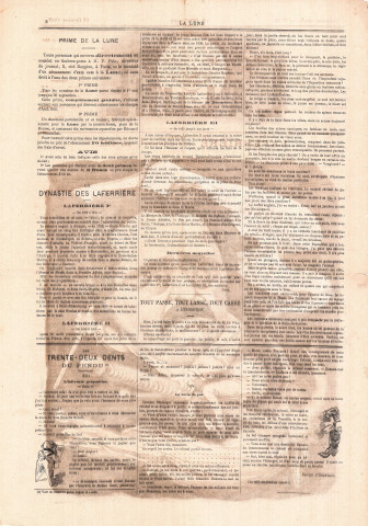 Caricature de l'acteur Adolphe Laferrière dans le rôle d'Antony par Gill, article sur l'histoire de la famille Laferrière, journal "La Lune", 3e année, n°84