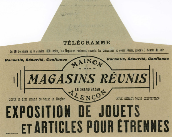 Maison des Magasins Réunis, le grand bazar Alençon, exposition de jouets et articles pour étrennes, communication : télégramme publicitaire, encart publicitaire.