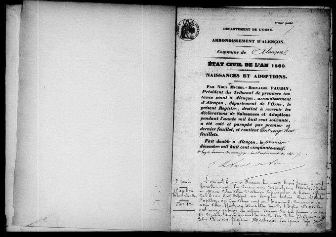 Registre des actes de naissance et adoption (1860).