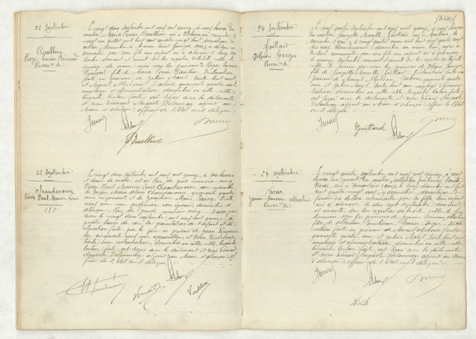 Reconnaissance de RAULLINE Roger Lucien Rémond (22 septembre 1915), acte de naissance de CHANDAVOINE Pierre Paul Maurice Louis (22 septembre 1915), reconnaissance de GUITTARD Henri Georges (24 septembre 1915), reconnaissance de VIVIER Jeanne Simonne Albertine (24 septembre 1915)