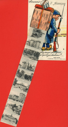 Alençon (Orne), "Souvenir d'Alençon, c'est pas que l'sac est lourd, mais il est encombrant !! Si vous voulez savoir pourquoi, regardez ce qu'il y a dedans !!", carte postale humoristique à système couleur n°9. Artaud, Nantes, (Date d'utilisation : 15 mars 1940 ), (14x9), AMA.