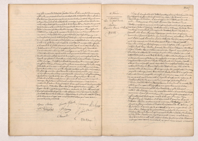 Acte de mariage de THIBAULT Maurice Louis Camille et MELUN Yvonnes Germaine (12 Février 1908), CHATELAIN Léon Constant Emile et BOUDIER Marceline Maria Albertine (14 Février 1908).