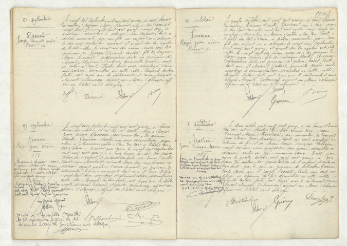 Reconnaissance de DURAND Georges Bernard André (27 septembre 1915), acte de naissance de GASSEAU Roger Jean Adrien (25 septembre 1915), reconnaissance de GASSEAU Roger Jean Adrien (4 octobre 1915), acte de naissance de MUSTIERE Jean François Marie (2 octobre 1915)