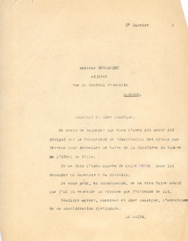 Réquisition du Buste de La Sicotière pour la récupération des métaux non ferreux (1942-1951) : correspondance. :