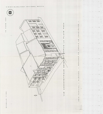 Construction de logements à l'angle de la rue du Val Noble, et de la rue des Filles Sainte-Claire (Logis Familial), vue axonométrique générale depuis la Place Foch (Claude Terrillon, éch : 1/100, 42x29.7, 15 mars 1991, n°8).