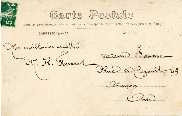 Correspondance à la veuve Jousse Millet Mélanie Louise : carte postale ancienne.