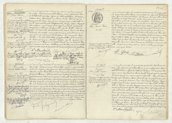 Acte de naissance de LEFEVRE Marie Louise (14 août 1910),acte de naissance de GUEPET André Martin Louis (14 août 1910),acte de naissance de GERAS Henri Louis Pierre (16 août 1910),acte de naissance de NOYER Henri Jules Eugène (17 août 1910).