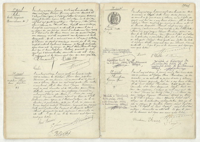 Reconnaissance de COLIN Emélie Marguerite (1er avril 1912),acte de naissance de FOURNIER Madeleine Thérèse Marie Joséphine (31 mars 1912),acte de naissance de LENOIR Georgette Berthe (31 mars 1912),acte de naissance de PLEURDEAU Georges Henri (31 mars 1912).