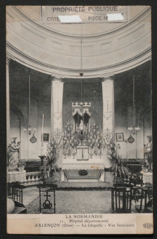 Alencon (Orne), la Normandie, hôpital départemental d'Alençon, la chapelle, vue intérieure, carte postale ancienne noir et blanc n°11, ED, (Date d'utilisation: 21 novembre 1909), (14cm x 9 cm), AMA.