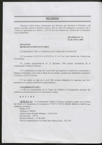 Registre des décisions et des délibérations du conseil communautaire (26 Février - 16 Décembre 2004).