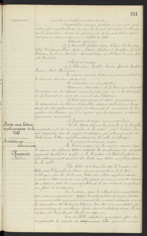 Sommaire sur les affaires à délibérer. Boites aux lettres supplémentaires de la ville, entretien par abonnement, rapport